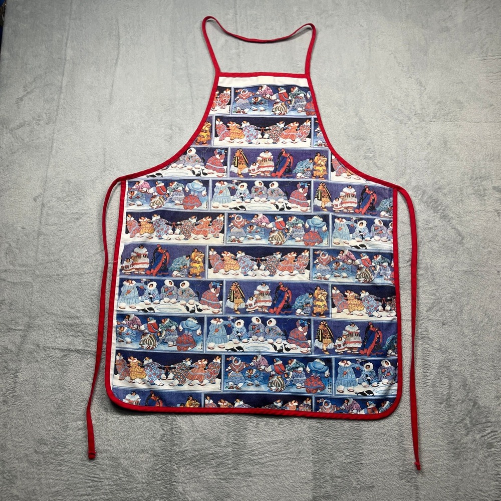 Polar Graphics Apron Multicolor Inuit Culture Print Red Trim USA Made OS